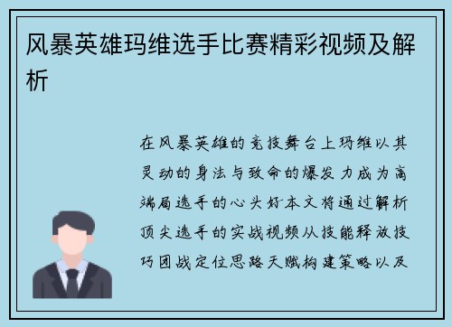 风暴英雄玛维选手比赛精彩视频及解析