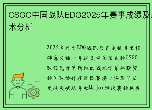 CSGO中国战队EDG2025年赛事成绩及战术分析
