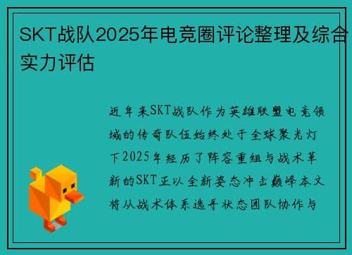 SKT战队2025年电竞圈评论整理及综合实力评估